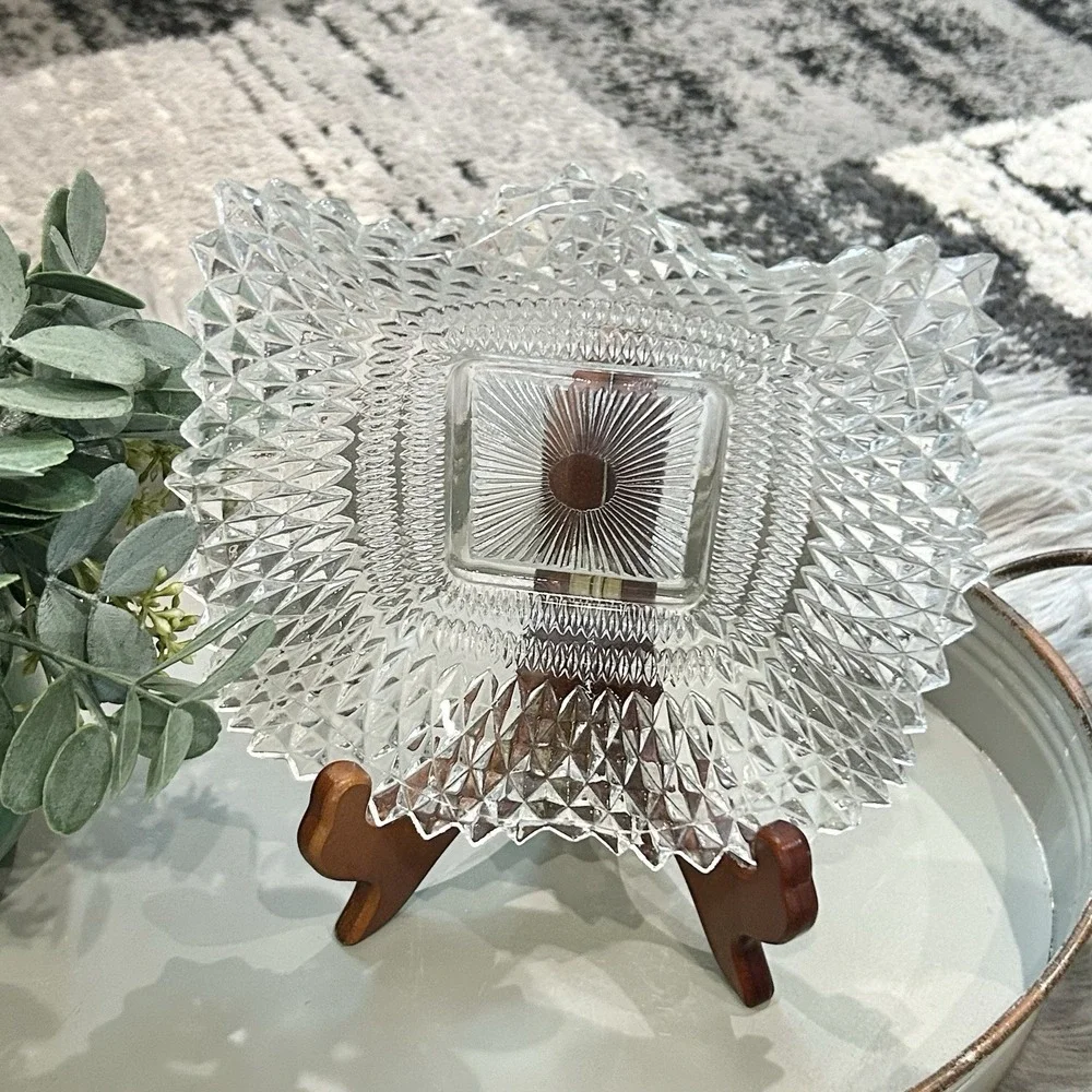Vintage Indiana Glass Co Diamond Cut Design Square Dish w/ Ruffled Edges